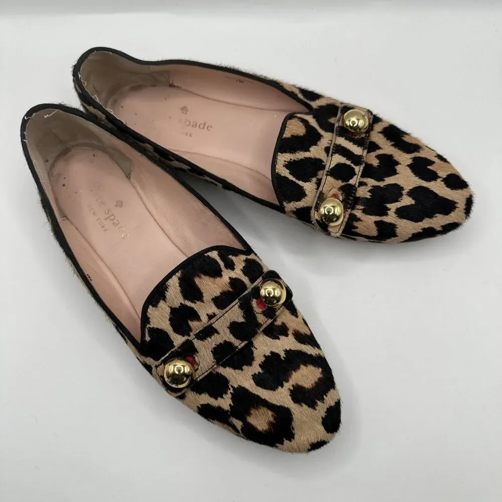 Kate‎ Spade Sutten Ball Flats Leopard Calf Hair Fur Gold Ball 7